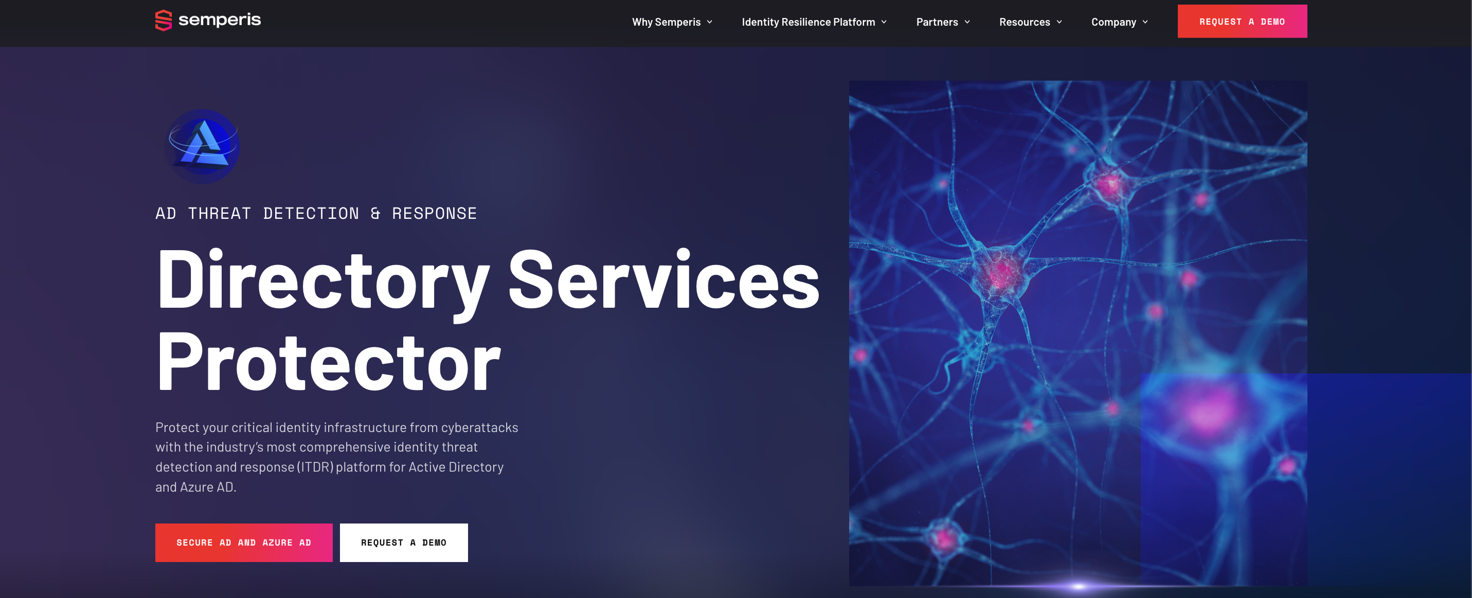 Screen shot of Semperis website showcasing web design AI-driven content